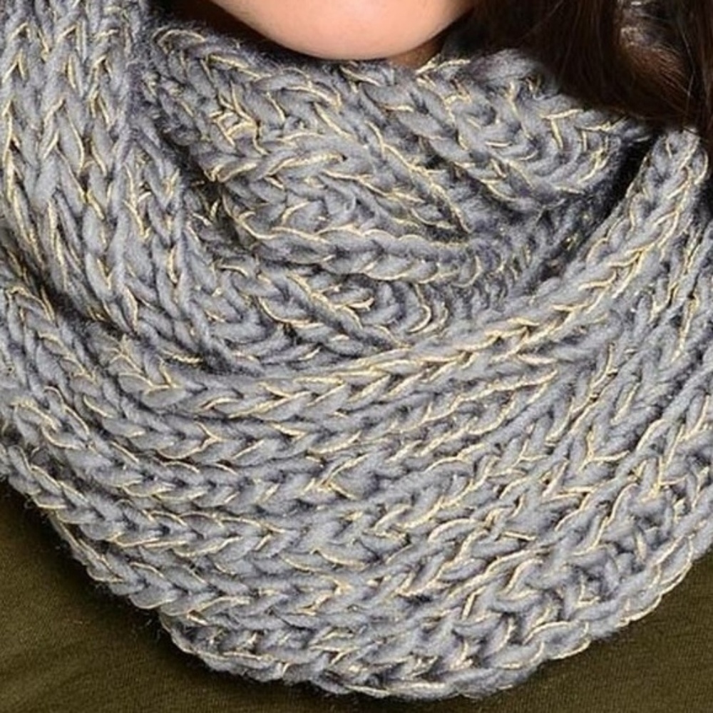 Gray Knit with Gold thread infinity winter scarf - Picture 2 of 2